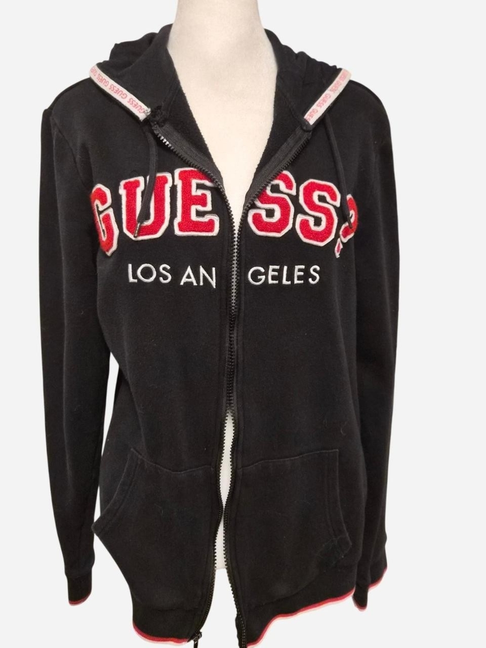 GUESS Black Zip Front Hoodie with Red Appliqué